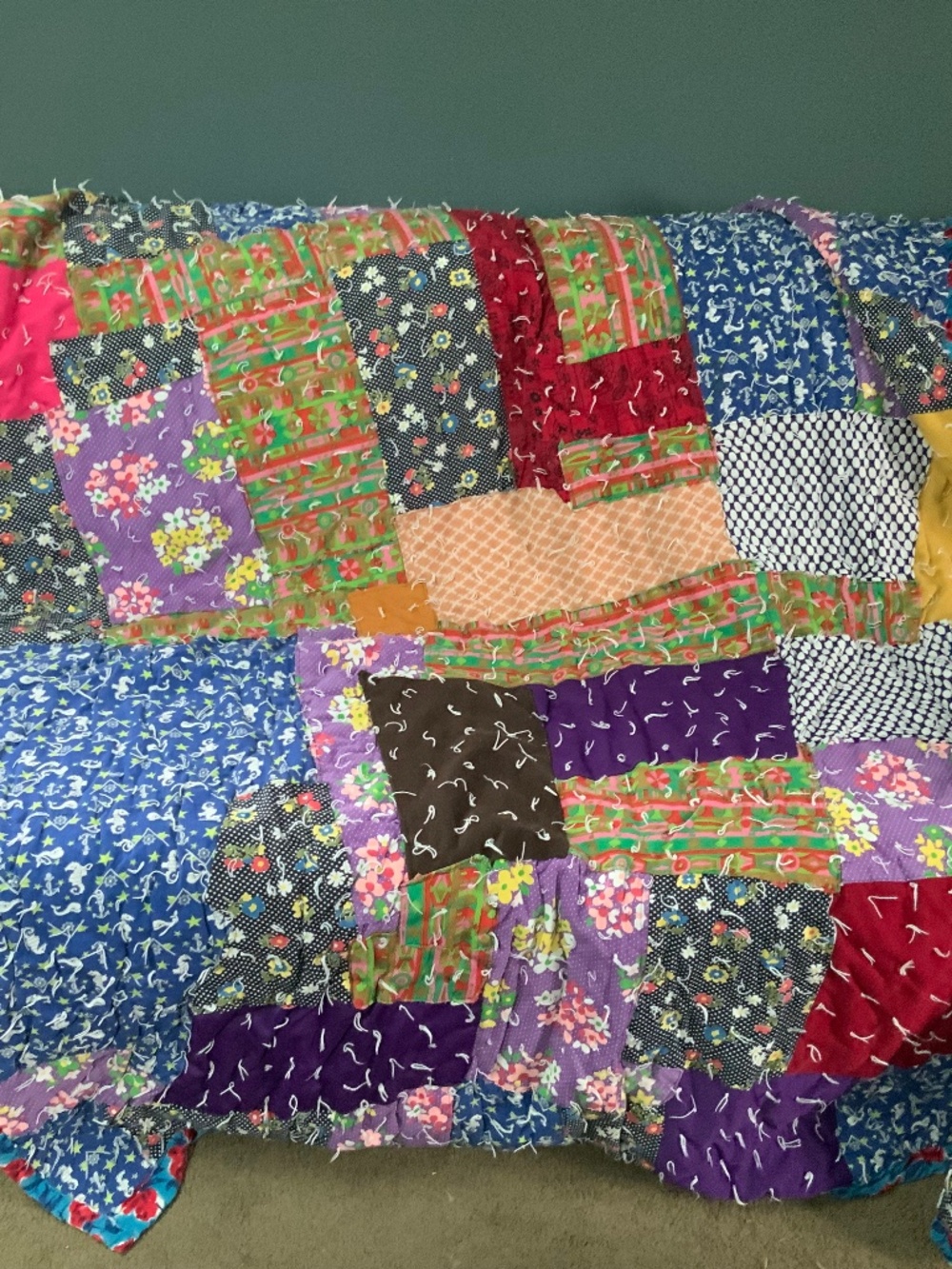 Vintage Handmade Hand-tufted Crazy Quilt (58” X 72”)
